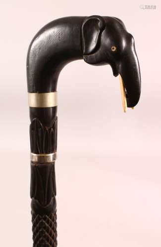 A GOOD CEYLONESE CARVED EBONY ELEPHANT HANDLE WALKING STICK ...