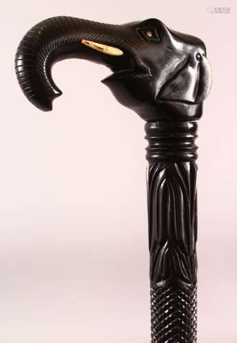 A GOOD CEYLONESE CARVED EBONY ELEPHANT HANDLE WALKING STICK ...