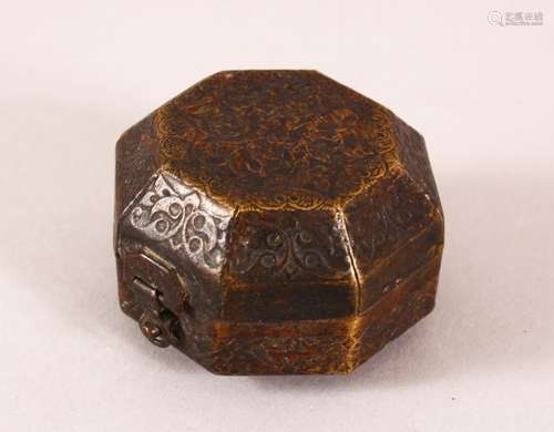 A FINE PERSIAN BRASS HEXAGONAL SHAPED BOX with hinged cover ...