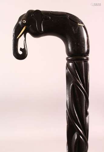 A GOOD CEYLONESE CARVED EBONY ELEPHANT HANDLE WALKING STICK ...