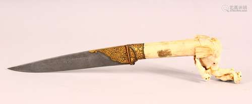 A GOOD INDIAN CARVED BONE & INLAID WATERED STEEL DAGGER, the...