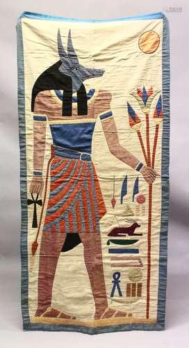 AN EYGPTIAN TEXTILE PICTURE OF HORUS, 166cm x 78cm.