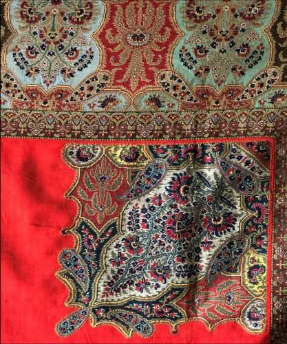 A EUROPEAN RED SILK SQUARE PAISLEY SHAWL, part mid 19th Cent...
