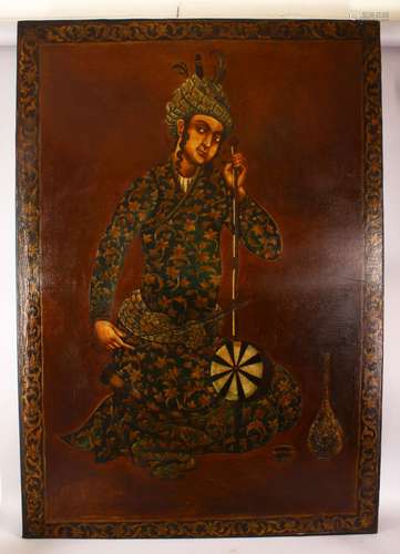 A LARGE PERSIAN OIL PAINTING ON CANVAS OF A FIGURE AND INSTR...