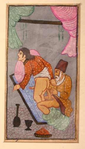 FOUR INDIAN EROTIC MINIATURE PAINTINGS, mounted but unframed...