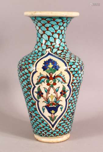 A TURKISH MARKET GLAZED POTTERY VASE, the body painted with ...