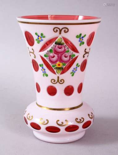 A GOOD BOHEMIAN CUT GLASS & PAINTED VASE, with panels of flo...