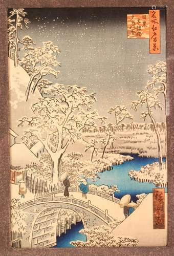 A JAPANESE WOODBLOCK PRINT OF A SNOW LANDSCAPE - depicting a...