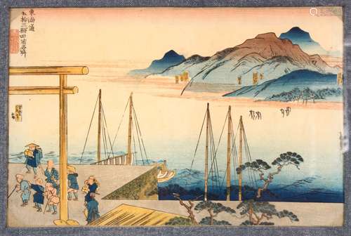 A JAPANESE MEIJI WOODBLOCK PRINT OF A WATERSIDE LANDSCAPE- d...