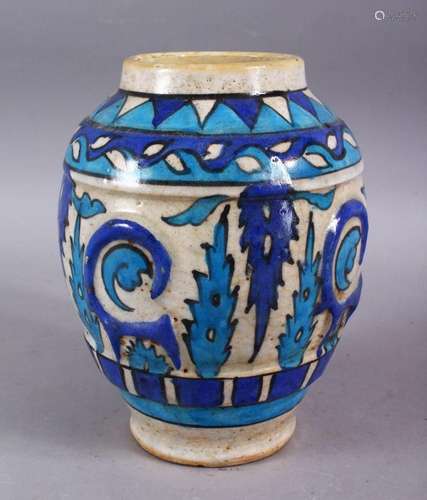 A GOOD PERSIAN BLUE & WHITE POTTERY VASE, decorated with mou...