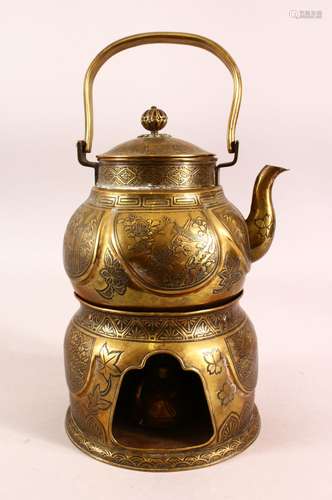 A JAPANESE MEIJI PERIOD BRASS TEA KETTLE & STAND - with carv...