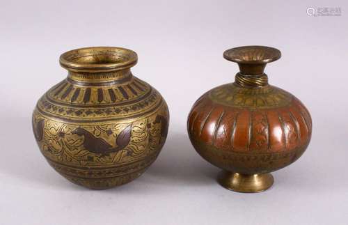 TWO 18TH CENTURY SOUTH INDIAN COPPER & BRASS MOULDED LOTA VA...