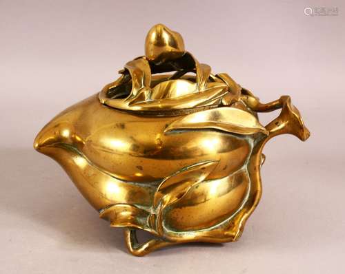 AN UNUSUAL CHINESE PEACH FORMED BRONZE CENSER, the body form...