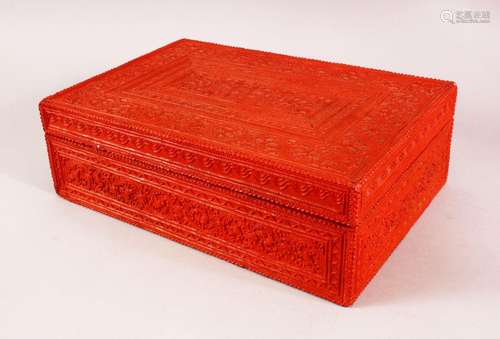 A 19TH / 20TH CENTURY INDIAN RED LACQUER & WOOD CARVED BOX, ...