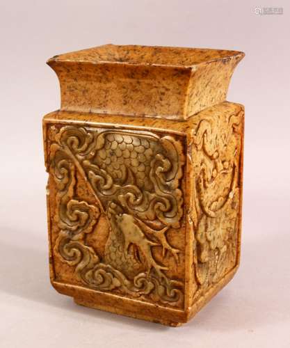 A GOOD CHINESE CARVED SOAPSTONE VASE - carved with scenes of...