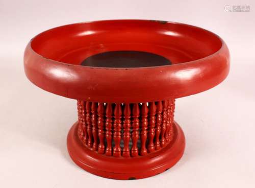 AN ORIENTAL RED LACQUER STEM BOWL / STAND - 18cm high x 31cm...