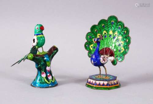 TWO 19TH / 20TH CENTURY INDIAN ENAMEL BIRD FIGURES, one of a...