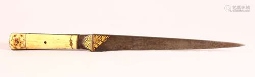 A GOOD INDIAN CARVED BONE & INLAID WATERED STEEL DAGGER - wi...