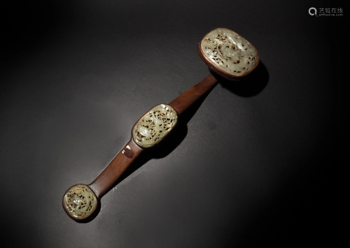 Chinese Ruyi Wand with 3 Ming Jades