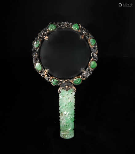 Chinese Silver Magnifying Glass with Jadeite, 19th Cent