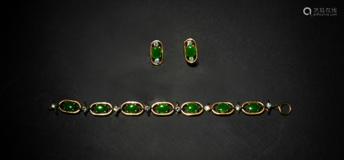 Chinese 18K Gold Bangle and Earring Set with Jadeite