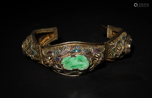 Chinese Silver Enameled Bangle with Jadeite Insets