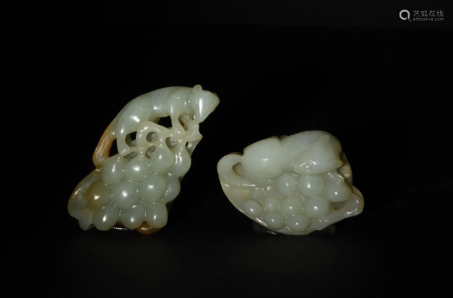 2 Chinese Carved Jade Grape Pendants, 19th Century