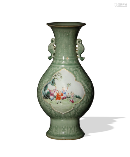 Chinese Celadon Vase with Famille Rose, Republic