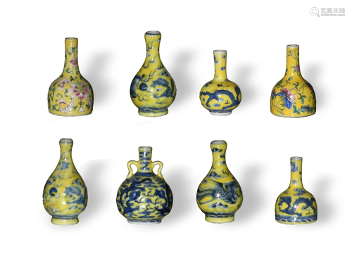 Group of 8 Chinese Yellow Ground Miniature Vases