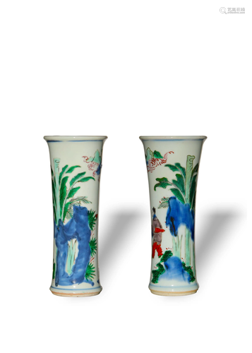 Pair of Chinese Wucai Gu Vases, 17th Century