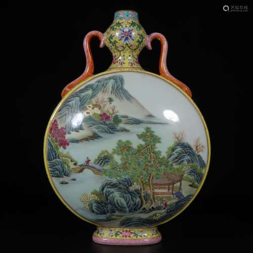 A YELLOW GROUND AND GILT DECORATED FAMILLE ROSE LANDSCAPE MO...