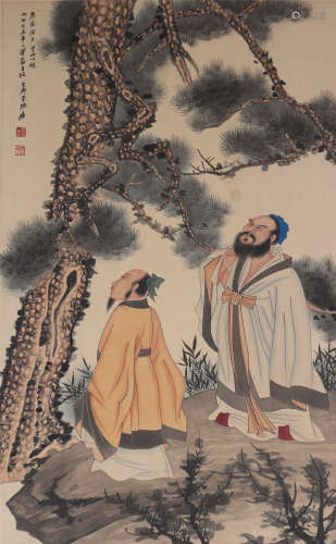 A CHINESE PAINTING SCROLL OF FIGURE AND PINE TREE, SIGNED ZH...