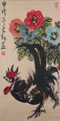 A CHINESE PAINTING SCROLL OF ROOSTER AND FLOWER, SIGNED CHEN...