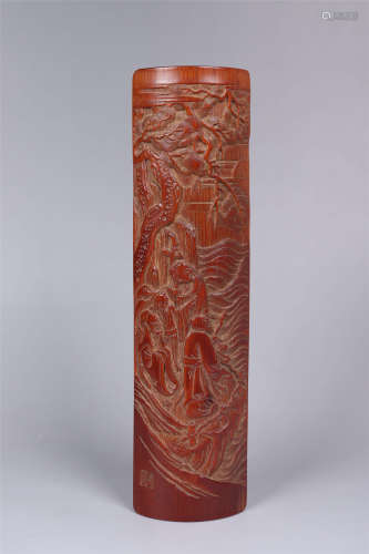 A CARVED BAMBOO FIGURE AND LANDSCAPE ARM REST