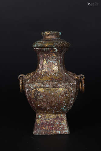A GILT BRONZE SQUARE LOOP-HANDLE VASE AND COVER