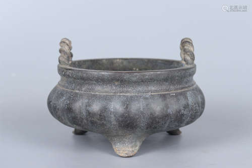 A BRONZE MELON-SHAPED TRIPOD CENSER