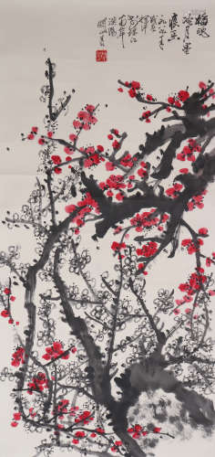 A CHINESE PAINTING SCROLL OF PRUNUS, SIGNED GUAN SHANYUE