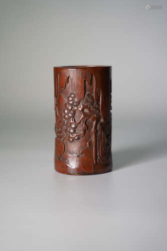 A CARVED EAGLEWOOD PINE TREE BRUSH POT