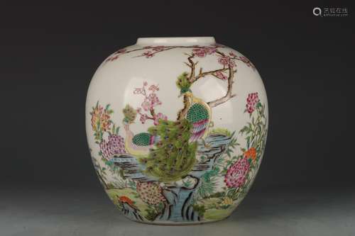 A FAMILLE ROSE FLOWERS AND PEACOCKS OVOID JAR