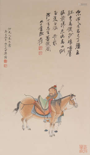 A CHINESE PAINTING SCROLL OF FIGURE AND HORSE AND POEM INSCR...