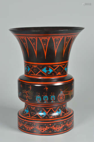 A PAINTED LACQUER FIGURAL BEAKER VASE