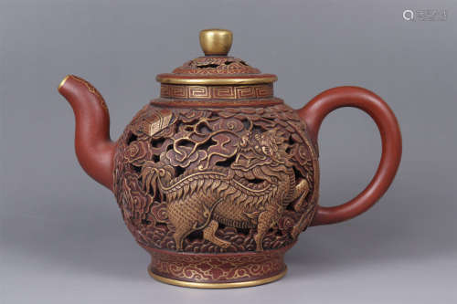 A RETICULATED PURPLE CLAY KYLIN TEAPOT