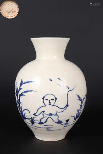 A DING WARE UNDERGLAZE BLUE FIGURAL GLOBULAR VASE