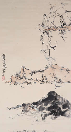 A CHINESE PAINTING SCROLL OF BULL, SIGNED PAN TIANSHOU