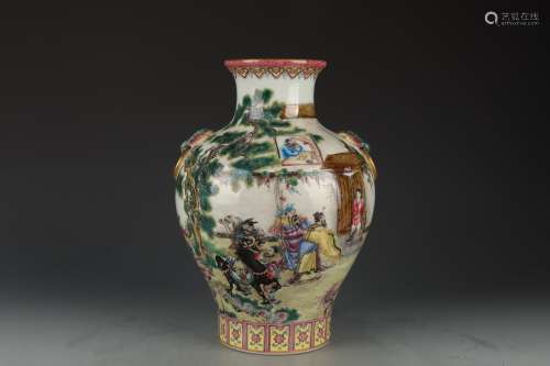 A FAMILLE ROSE FIGURE STORY DOUBLE-EARED VASE