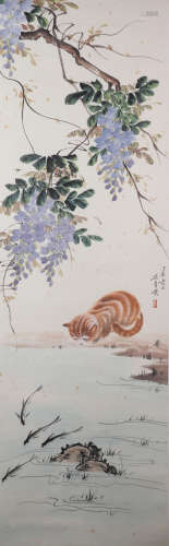 A CHINESE PAINTING SCROLL OF CAT, SIGNED WU QINGXIA