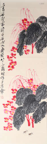 A CHINESE PAINTING SCROLL OF FLOWERS, SIGNED QI BAISHI