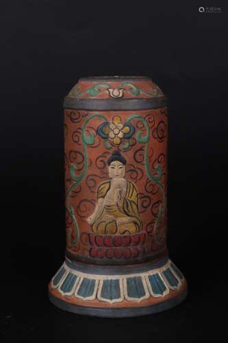 A PAINTED BUDDHA CYLINDRICAL BOX