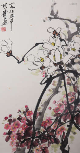 A CHINESE PAINTING SCROLL OF MAGNOLIA FLOWERS, SIGNED GAO GU...