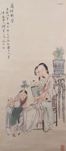 A CHINESE PAINTING SCROLL OF LADY AND CHILDREN